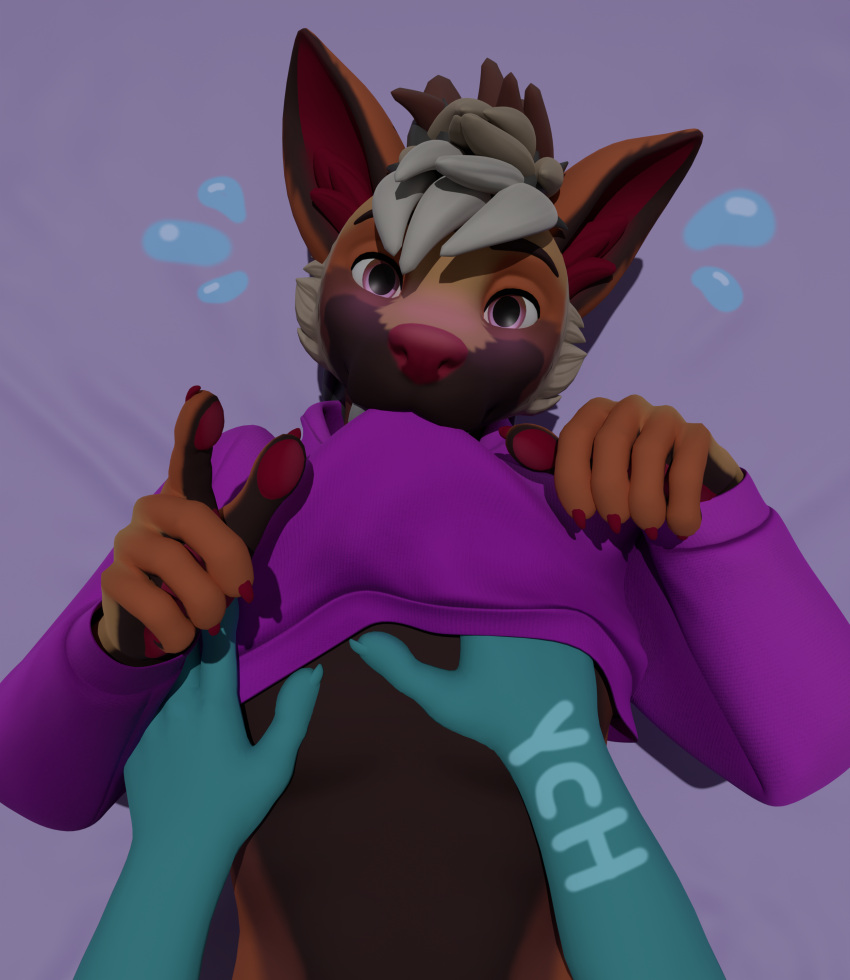 2022 3d_(artwork) absurd_res ambiguous_gender anthro bed blender_(artwork) blush canid canine clothed clothed_anthro clothed_male clothing clothing_in_mouth clothing_lift digital_media_(artwork) duo fox furniture grope groping_chest half-length_portrait hand_on_chest handpaw hi_res hoodie kipper_(pupwolf) male mammal nervous nervous_sweat partially_clothed pawpads paws portrait pupwolf topwear ych_(character)