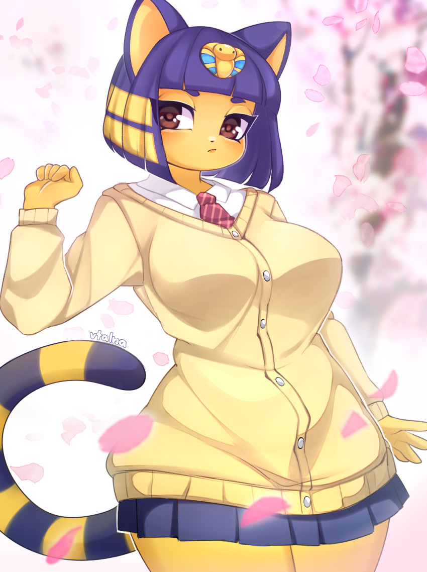 5_fingers absurd_res animal_crossing ankha_(animal_crossing) anthro bangs blue_hair blush bottomwear breasts brown_eyes clothing digital_media_(artwork) domestic_cat eyelashes felid feline felis female fingers hair half-closed_eyes hi_res humanoid_hands mammal multicolored_hair multicolored_tail narrowed_eyes nintendo petals school_uniform short_hair skirt solo standing tail two_tone_hair two_tone_tail uniform vtalna1 yellow_body yellow_inner_ear yellow_skin