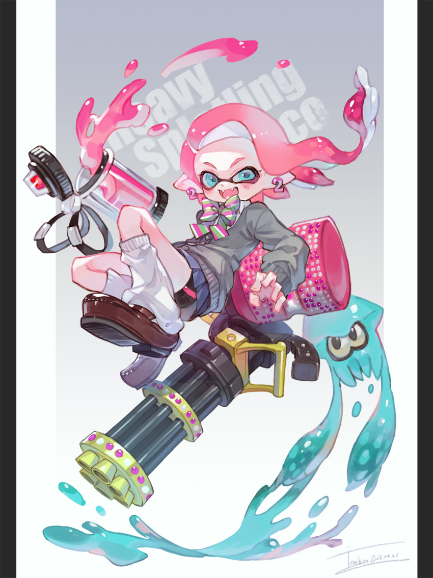 aka_tonbo_(lovetow) artist_name bike_shorts black_shorts blue_eyes bow bowtie brown_footwear cardigan commentary dress_shirt earrings english_text fangs female floating green_bow green_bowtie grey_sweater hair_ornament hairclip heavy_splatling_(splatoon) highres ink_tank_(splatoon) inkling inkling_girl inkling_player_character jewelry loafers long_hair looking_at_viewer loose_socks miniskirt multicolored_stripes open_mouth paint_splatter photoshop_(medium) pink_bow pink_bowtie pink_hair pleated_skirt pointy_ears school_uniform shirt shoes short_shorts shorts shorts_under_skirt signature single_vertical_stripe skirt smile socks solo splatoon_(series) splatoon_2 squid striped_bow striped_bowtie striped_clothes sweater text_background white_shirt white_socks