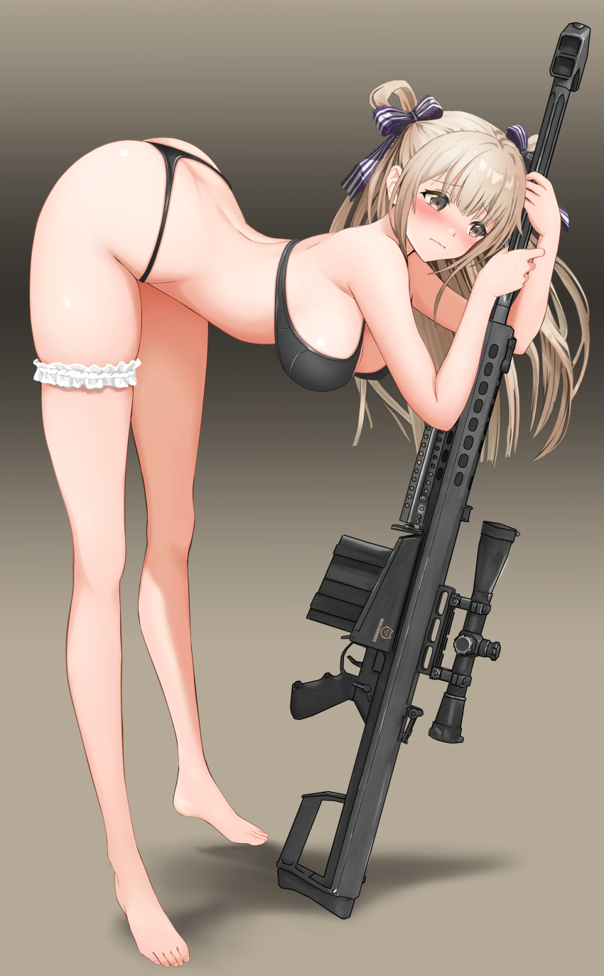 absurdres anti-materiel_rifle ass barrett_m82 bent_over bipod black_bra blonde_hair blush bra breasts bridal_garter commission embarrassed female from_side full_body gibun_(sozoshu) gun hair_ornament hair_ribbon hanging_breasts highleg highleg_panties highres holding holding_gun holding_weapon large_breasts long_hair long_legs looking_at_viewer median_furrow muzzle_device original panties pixiv_commission ribbon rifle scope shoulder_blades simple_background skindentation sniper_rifle solo standing thong underwear underwear_only weapon yellow_eyes