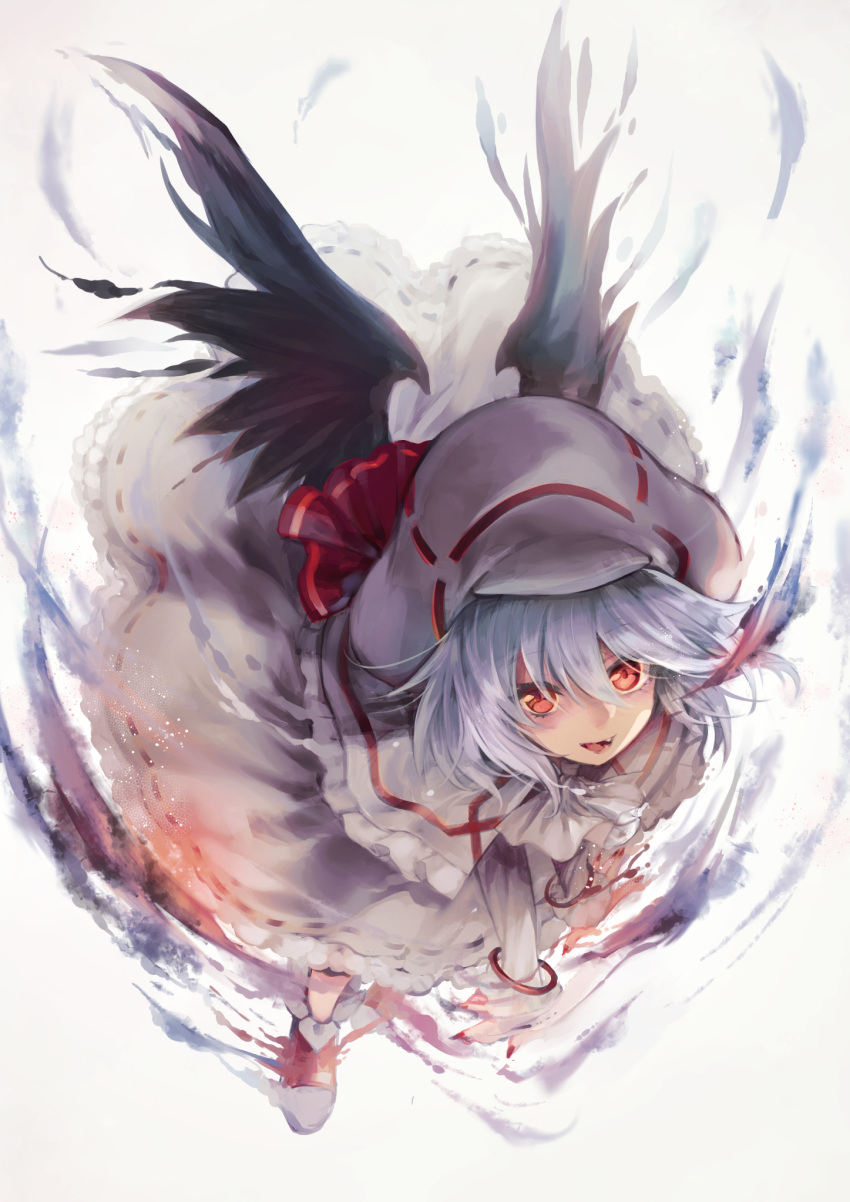 alternate_wings black_wings blue_eyes bracelet commentary_request curiosities_of_lotus_asia female full_body hat highres jewelry looking_at_viewer nail_polish oerba_yun_fang red_eyes red_nails red_ribbon remilia_scarlet ribbon ribbon-trimmed_skirt ribbon_trim shoes skirt smile smoke solo touhou white_background white_footwear white_hat white_skirt wings yuki_(popopo)