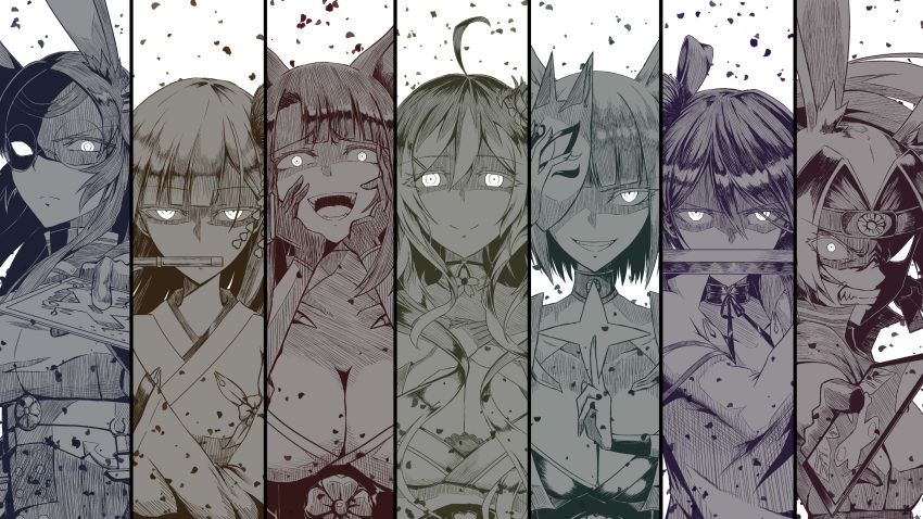 6+girls absurdres ahoge akagi_(azur_lane) anger_vein angry animal_ears azur_lane bare_shoulders blunt_bangs bob_cut breasts card cleavage clenched_teeth closed_mouth collarbone column_lineup commentary_request covered_mouth crazy_eyes eyes_visible_through_hair fangs flower flute fox_ears glasses gloves glowing glowing_eyes grin hair_between_eyes hair_flower hair_intakes hair_ornament hairclip half-closed_eyes hands_on_own_cheeks hands_on_own_face headband high_ponytail highres hime_cut hiryuu_(azur_lane) holding holding_sword holding_weapon houshou_(azur_lane) huge_breasts instrument japanese_clothes kaga_(azur_lane) katana kimono large_breasts long_hair long_sleeves looking_at_viewer mask mask_on_head medium_breasts mole mole_under_eye monochrome multiple_girls necktie off_shoulder open_mouth parka_(summersketch) parted_lips petals ponytail rabbit_ears ribbon round_eyewear serious shaded_face shikigami short_hair shoukaku_(azur_lane) sidelocks smile smirk souryuu_(azur_lane) spot_color sword teeth tsurime veins weapon wide_sleeves yandere zuikaku_(azur_lane)