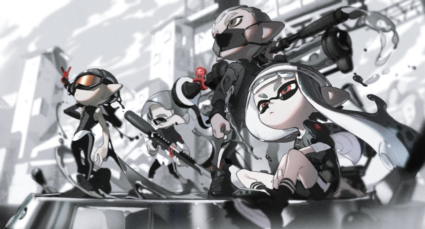 3boys bad_id bad_twitter_id city commentary_request dynamo_roller_(splatoon) female goggles highres inkling inkling_boy inkling_girl inkling_player_character mask mouth_mask multiple_boys over_shoulder pants shoes shorts sitting sneakers splat_charger_(splatoon) splatoon_(series) spot_color tentacle_hair weapon weapon_over_shoulder yoneyama_mai