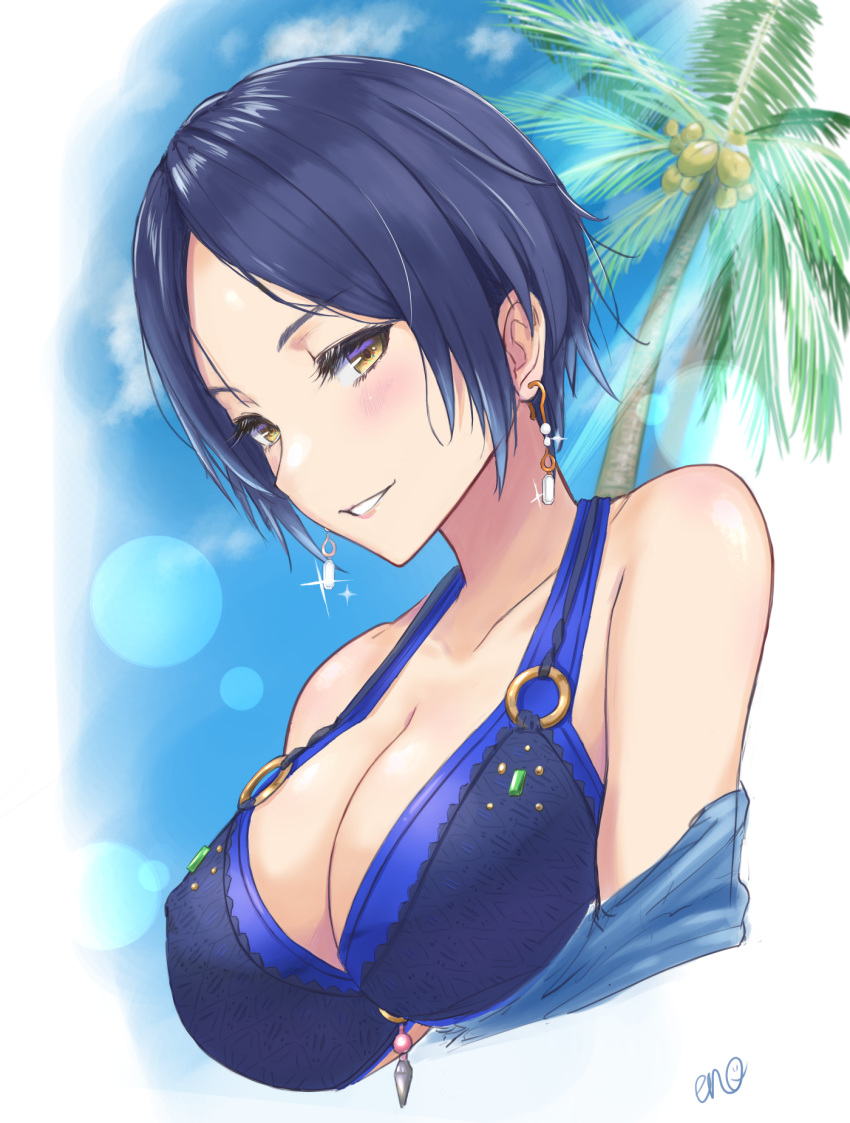 bikini black_hair blue_bikini breasts cleavage coconut commentary earrings enporion eyelashes female hayami_kanade highres idolmaster idolmaster_cinderella_girls jewelry large_breasts layered_bikini o-ring o-ring_top off_shoulder parted_bangs parted_lips seductive_smile short_hair smile swimsuit upper_body yellow_eyes