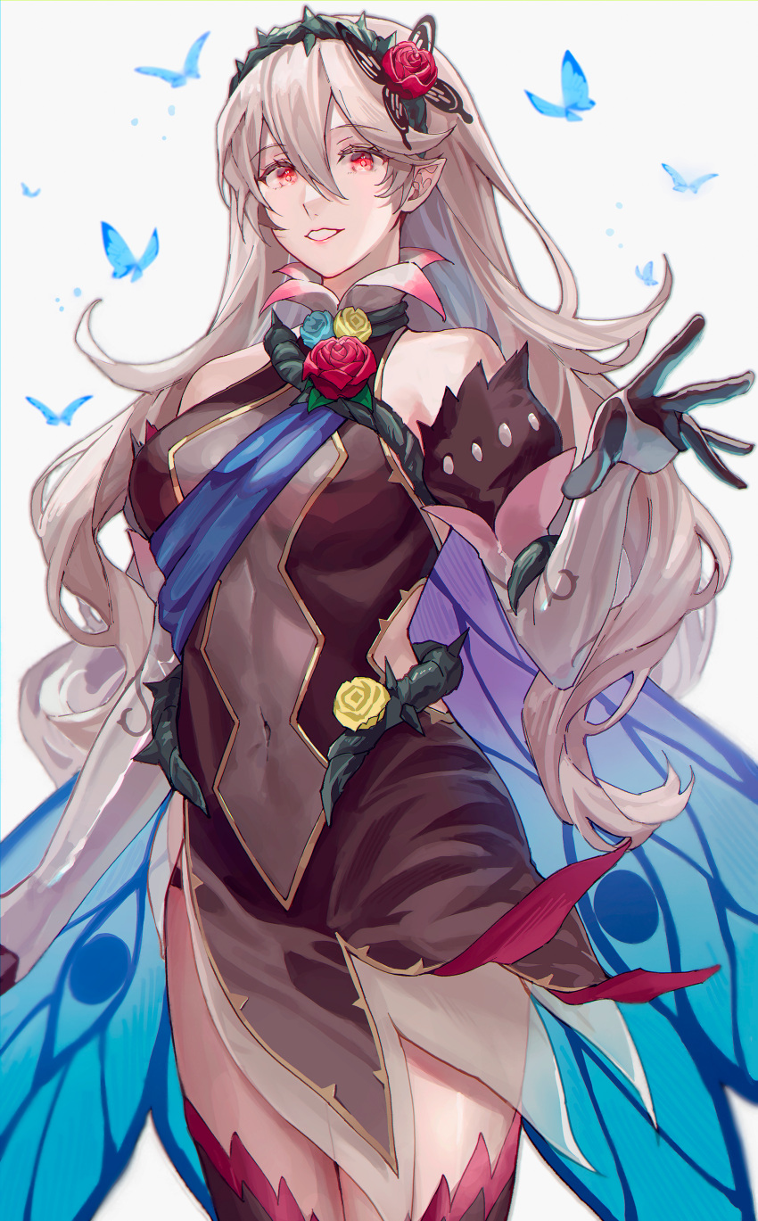 absurdres bad_id bad_pixiv_id bare_shoulders breasts bug butterfly corrin_(female)_(fire_emblem) corrin_(female)_(resplendent)_(fire_emblem) corrin_(fire_emblem) covered_navel cowboy_shot dress elbow_gloves female fire_emblem fire_emblem_fates fire_emblem_heroes flower gloves gradient_clothes grey_hair grin hairband highres long_hair medium_breasts official_alternate_costume panty_straps pointy_ears red_eyes rose see-through simple_background sleeveless sleeveless_dress smile sobasakuhin solo thighhighs thorns turtleneck white_background wing_cape