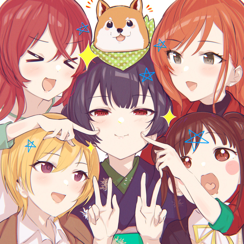 >_< 5girls :d absurdres animal arisugawa_natsuha black_dress blonde_hair blush bob_cut brown_eyes brown_hair brown_jacket canine closed_mouth collared_shirt commentary crossed_bangs double_bun dress ear_piercing earrings eyelashes finger_to_cheek floral_print green_sleeves hair_between_eyes hair_bun half-closed_eyes hands_up heart highres houkago_climax_girls_(idolmaster) idolmaster idolmaster_shiny_colors jacket japanese_clothes jewelry karya kimono komiya_kaho long_hair looking_at_another looking_at_viewer mamemaru_(shiny_colors) morino_rinze multiple_girls obi obiage open_collar open_mouth orange_hair piercing purple_eyes purple_hair purple_jacket purple_kimono raglan_sleeves red_eyes red_hair red_jacket ribbon saijo_juri sash school_uniform shiba_inu shirt short_hair short_twintails sidelocks simple_background sleeves_rolled_up smile sonoda_chiyoko star_(symbol) swept_bangs tareme twintails v white_background white_shirt wing_collar xd yellow_ribbon