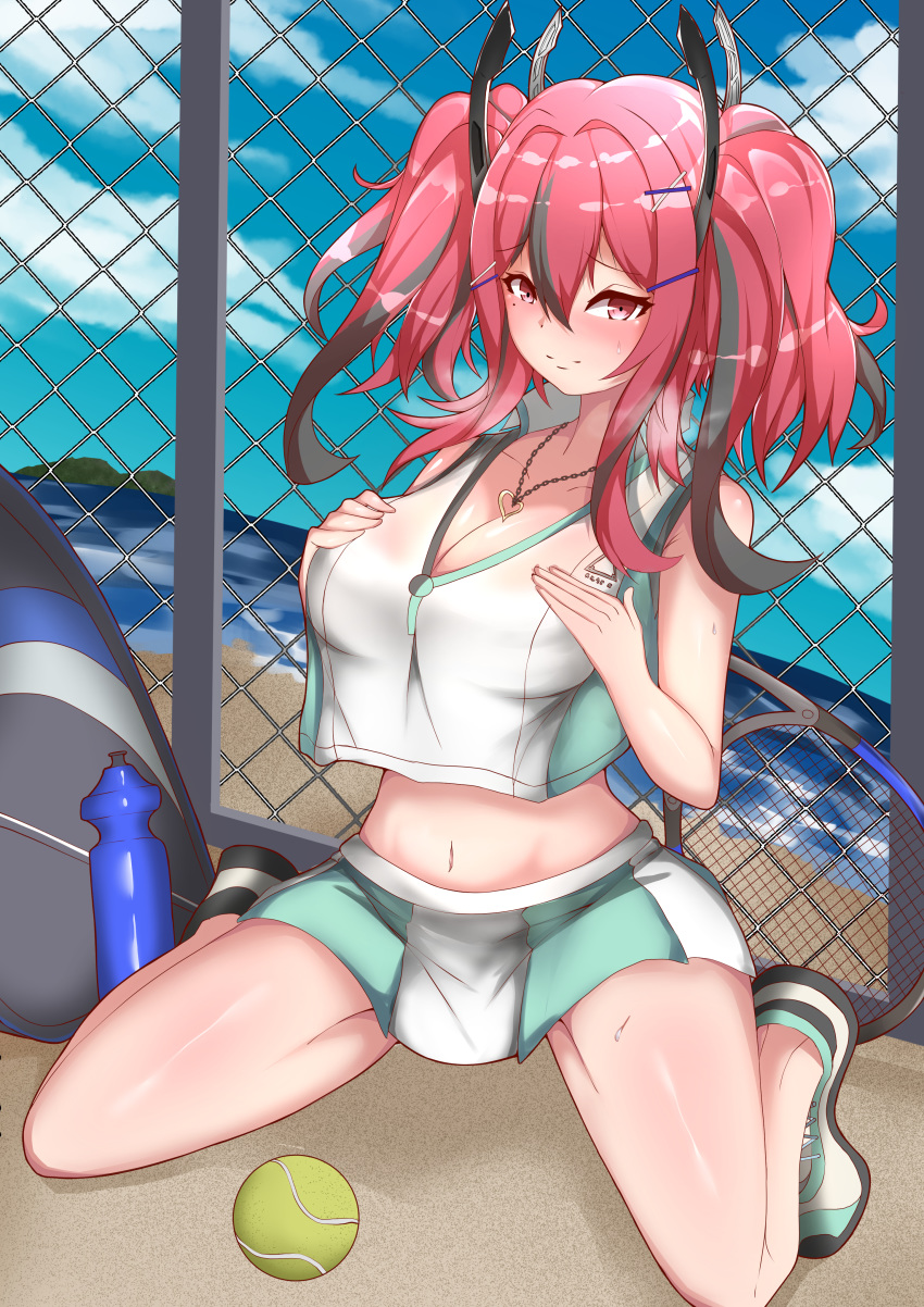 absurdres azur_lane bad_id bad_pixiv_id ball bare_legs beach blue_sky blush bottle breast_suppress breasts bremerton_(azur_lane) bremerton_(scorching-hot_training)_(azur_lane) chain-link_fence cleavage cloud collarbone commentary_request crop_top crop_top_overhang day female fence full_body green_skirt grey_hair hair_between_eyes hair_intakes hair_ornament hairclip heart heart_necklace heavy_breathing highres horizon island jewelry kneeling large_breasts long_hair looking_at_viewer midriff mole mole_under_eye multicolored_hair navel necklace ocean official_alternate_costume okine_(okine691) outdoors pink_eyes pink_hair racket sand shadow shirt shoes sidelocks skirt sky sleeveless sleeveless_shirt smile sneakers solo sportswear streaked_hair sweat tennis_ball tennis_racket tennis_uniform twintails two-tone_hair two-tone_skirt water_bottle white_shirt white_skirt