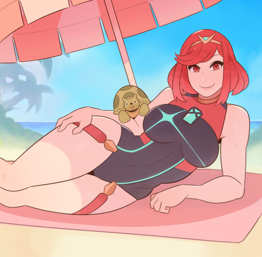 absurdres animal_on_arm bare_shoulders beach black_one-piece_swimsuit blanket breasts chest_jewel female gem green_gemstone hand_on_own_thigh highres large_breasts looking_at_viewer lying on_side one-piece_swimsuit palm_tree parasol pyra_(pro_swimmer)_(xenoblade) pyra_(xenoblade) red_eyes red_hair red_one-piece_swimsuit sand short_hair smile splashbrush swept_bangs swimsuit tiara tree turtle two-tone_swimsuit umbrella xenoblade_chronicles_(series) xenoblade_chronicles_2