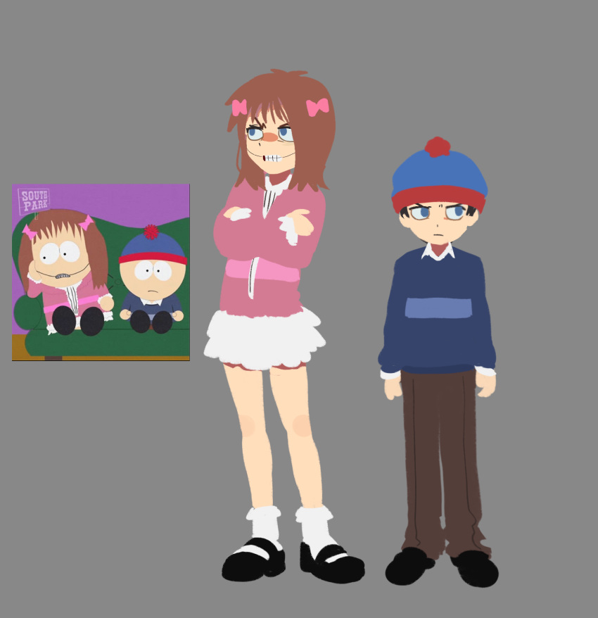 1boy 1girls brown_pants fanart frilly_skirt hat layered_skirt legs not_porn pink_jacket screencap sfw shelly_marsh short_skirt siblings south_park stan_marsh white_skirt