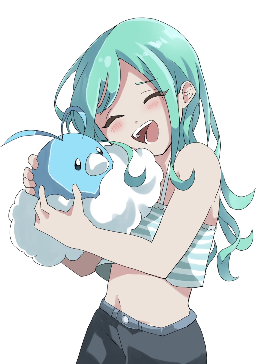 :d alternate_costume closed_eyes commentary_request cropped_shirt female green_hair hair_down happy highres holding holding_pokemon lisia_(pokemon) long_hair midriff o_o307 open_mouth pants pokemon pokemon_(creature) pokemon_oras shirt simple_background smile swablu teeth tongue white_background