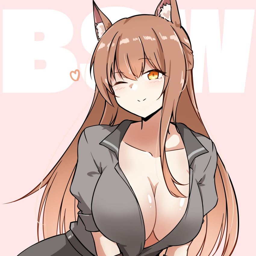 absurdres animal_ear_fluff animal_ears arknights breasts brown_hair cleavage collarbone commission female fox_ears fox_girl franka_(arknights) grey_shirt heart highres large_breasts long_hair looking_at_viewer one_eye_closed shirt skeb_commission smile solo upper_body xibu_cai