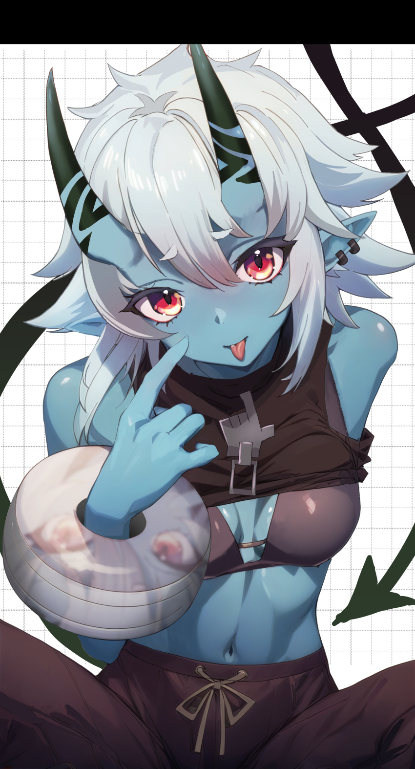 108shizuku absurdres blue_horns blue_oni blue_skin blue_tail breasts colored_skin demon_tail earclip female hair_between_horns highres horns looking_at_viewer multicolored_horns oni open_mouth pointy_ears red_eyes short_hair skin-covered_horns skin-covered_tail soukaku_(zenless_zone_zero) tail two-tone_horns two-tone_tail white_hair zenless_zone_zero