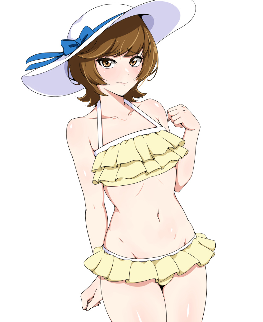 blue_angel blush brown_eyes brown_hair female flat_chest hi_res led_(190491) looking_at_viewer navel nervous_sweat short_hair shy solo swimsuit white_background yu-gi-oh! yu-gi-oh!_vrains zaizen_aoi