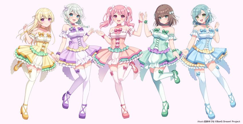 5girls :d arm_up bang_dream! bare_shoulders blonde_hair blue_bow blue_choker blue_dress blue_eyes blue_footwear blue_hair bow braid brown_hair choker closed_mouth collarbone commentary_request dress green_bow green_choker green_dress green_eyes green_footwear grey_hair hair_between_eyes hair_over_shoulder hairbow high_heels highres hikawa_hina low_twintails maruyama_aya multiple_girls official_art partial_commentary pastel_palettes_(bang_dream!) pink_background pink_bow pink_choker pink_dress pink_footwear pink_hair pleated_dress purple_bow purple_choker purple_dress purple_eyes purple_footwear shirasagi_chisato shoes simple_background smile standing standing_on_one_leg strapless strapless_dress sumisaki_yuzuna thighhighs twin_braids twintails wakamiya_eve white_bow white_thighhighs yamato_maya yellow_bow yellow_choker yellow_dress yellow_footwear