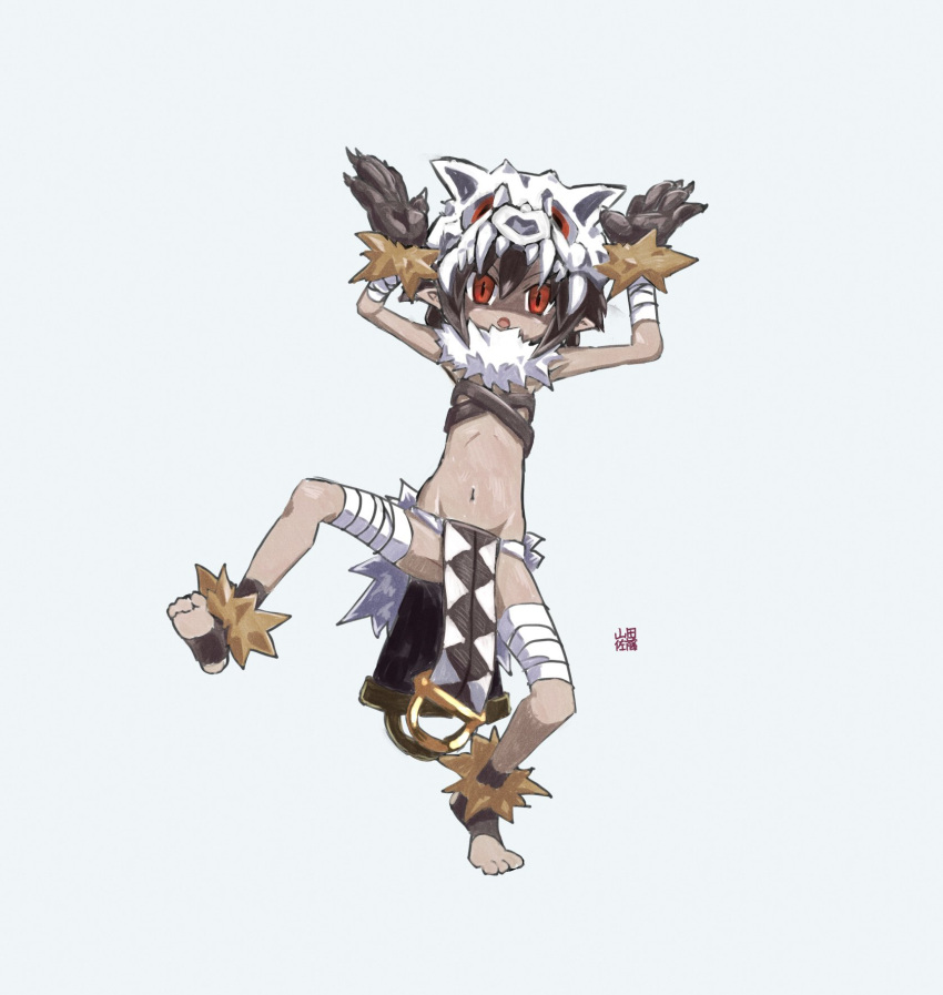 animal_hands animal_skull arms_up bandaged_arm bandaged_leg bandages barefoot black_hair disgaea female flat_chest full_body fur_collar gloves highres looking_at_viewer navel paw_gloves pelvic_curtain pointy_ears red_eyes shaman_(disgaea) short_hair solo standing standing_on_one_leg yamada_satou_(sa10yamada)