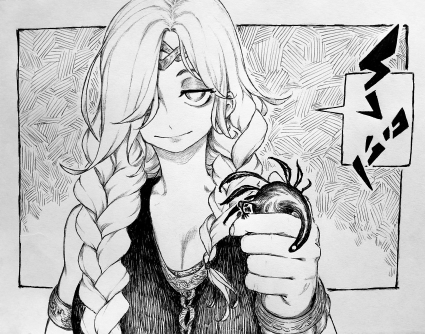 absurdres braid breasts chronozbergh circlet cleavage closed_mouth commentary elden_beast elden_ring english_commentary female graphite_(medium) greyscale highres long_hair monochrome queen_marika_the_eternal side_braid smile traditional_media translation_request