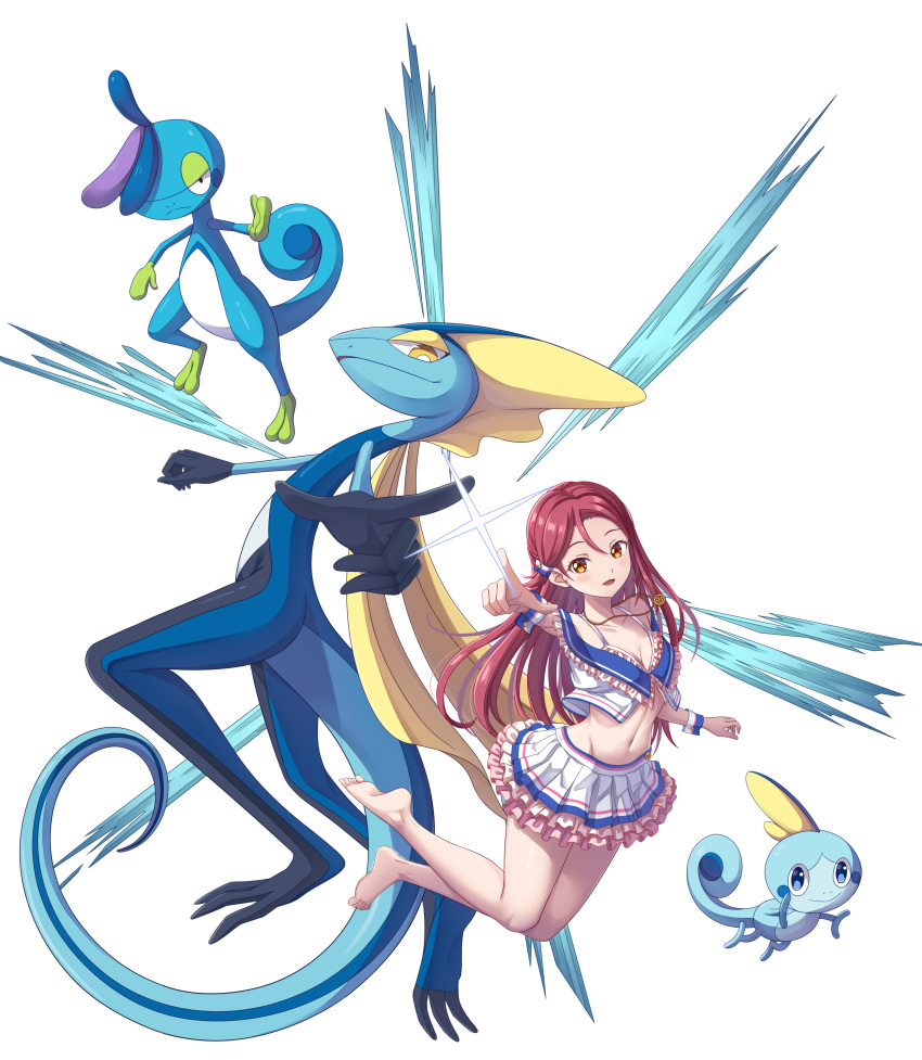 absurdres birthday blue_eyes breasts cleavage collarbone commentary_request drizzile female full_body half_updo highres inteleon jewelry long_hair love_live! love_live!_sunshine!! medium_breasts midriff navel necklace orange_eyes pointing pointing_at_viewer pokemon pokemon_(creature) red_hair sakurauchi_riko sobble tsukimi_seiya white_background yellow_eyes