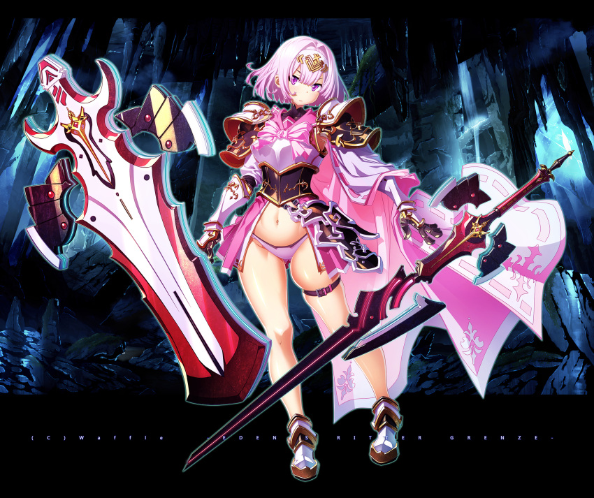 armor belt breastplate commentary_request copyright_request female full_body gauntlets hair_between_eyes hair_intakes headpiece highres navel official_art pink_hair purple_belt purple_eyes sakuya_tsuitachi skindentation solo standing sword thigh_belt thigh_strap v-shaped_eyebrows weapon white_footwear