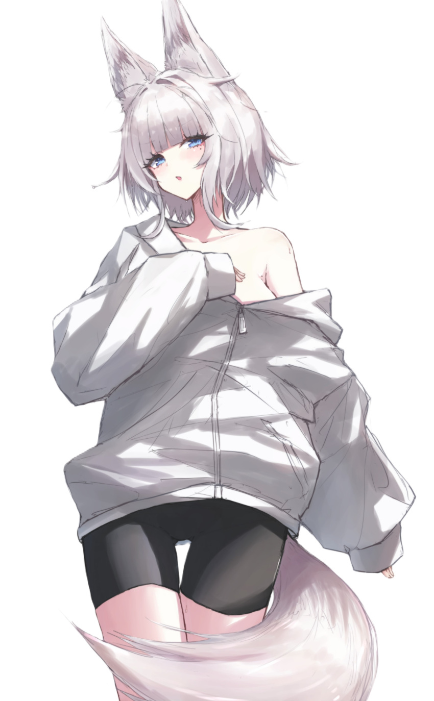 absurdres animal_ear_fluff animal_ears bikini black_shorts buran_(kure) collarbone commentary_request female fox_ears fox_girl fox_tail grey_hair highres jacket long_sleeves looking_at_viewer off_shoulder original parted_lips puffy_long_sleeves puffy_sleeves short_hair shorts simple_background sleeves_past_wrists solo swimsuit tail thigh_gap white_background white_jacket