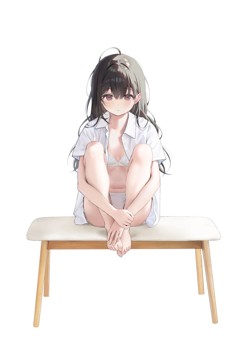 absurdres ahoge bare_legs barefoot black_hair bra brown_eyes chair commentary_request female hands_on_feet highres hugging_own_legs kneehighs long_hair natasha_(pommier) navel open_clothes open_shirt original panties shirt short_sleeves sitting socks solo toes underwear white_background white_bra white_panties white_shirt