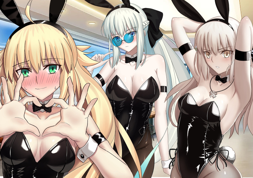 3girls absurdres ahoge animal_ears armpits arms_behind_head arms_up artoria_caster_(fate) artoria_pendragon_(fate) bare_shoulders black_bow black_leotard blonde_hair blue_eyes blush bow bowtie braid breasts collarbone covered_navel detached_collar fake_animal_ears fake_tail fate/grand_order fate_(series) glasses green_eyes grey_hair hairbow heart heart_hands highleg highleg_leotard highres large_breasts leotard long_hair longdq3008 looking_at_viewer medium_breasts morgan_le_fay_(fate) multiple_girls no_bra parted_lips playboy_bunny ponytail rabbit_ears rabbit_tail saber_alter sidelocks smile solo tail thighs twintails very_long_hair wrist_cuffs yellow_eyes