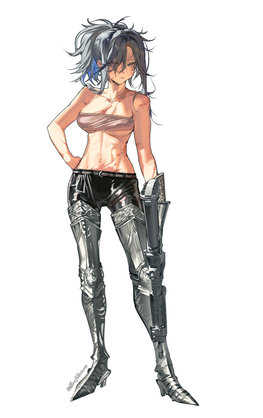 absurdres alternate_costume angelia_(girls'_frontline) armor artist_name assault_rifle black_hair black_pants blueblossom bra breasts cleavage english_commentary female full_body girls'_frontline gun h&k_hk416 hand_on_own_hip highres holding holding_gun holding_weapon leg_armor long_hair looking_at_viewer messy_hair multiple_scars navel pants plate_armor rifle scar scar_on_arm scar_on_breasts scar_on_face scar_on_hand scar_on_stomach simple_background solo stomach twitter_username underwear weapon white_background