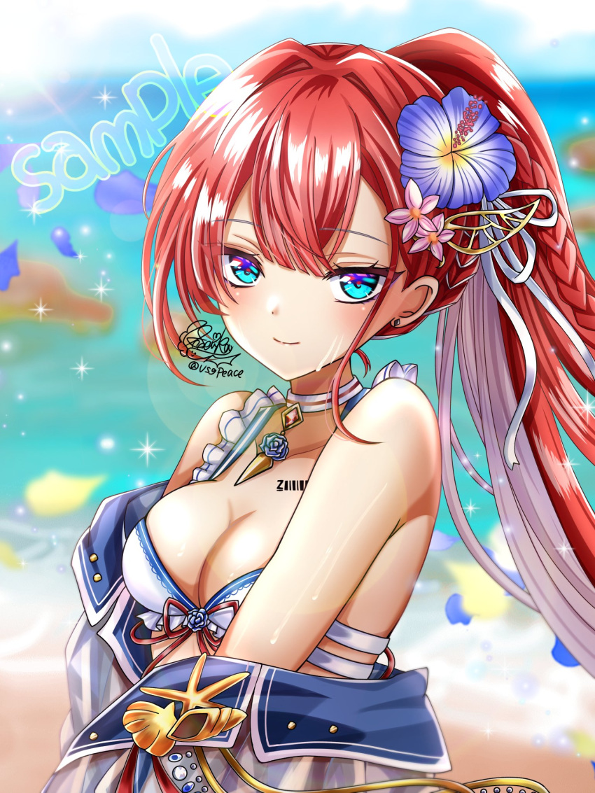 barcode barcode_tattoo bikini braid braided_ponytail choker female flower hair_flower hair_ornament highres image_sample jacket jacket_partially_removed kiara_(shironeko_project) looking_at_viewer multicolored_eyes official_alternate_costume ponytail red_hair shironeko_project solo swimsuit tattoo twitter_sample usgpeace white_bikini