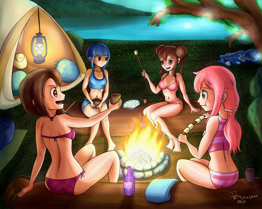 blue_eyes blue_hair blush bonfire bra breasts brown_eyes brown_hair campfire camping closed_mouth crossover double_bun eating evening fire food forest gloria_(pokemon) hair_bun highres holding holding_food holding_stick kagamihara_nadeshiko lake lantern log long_hair marshmallow metalytar multiple_girls nature open_mouth outdoors panties pink_hair pokemon pokemon_(creature) purple_eyes roasted_marshmallow roasting rosa_(pokemon) shima_rin short_hair sky smile stick tent twintails underwear yurucamp zacian