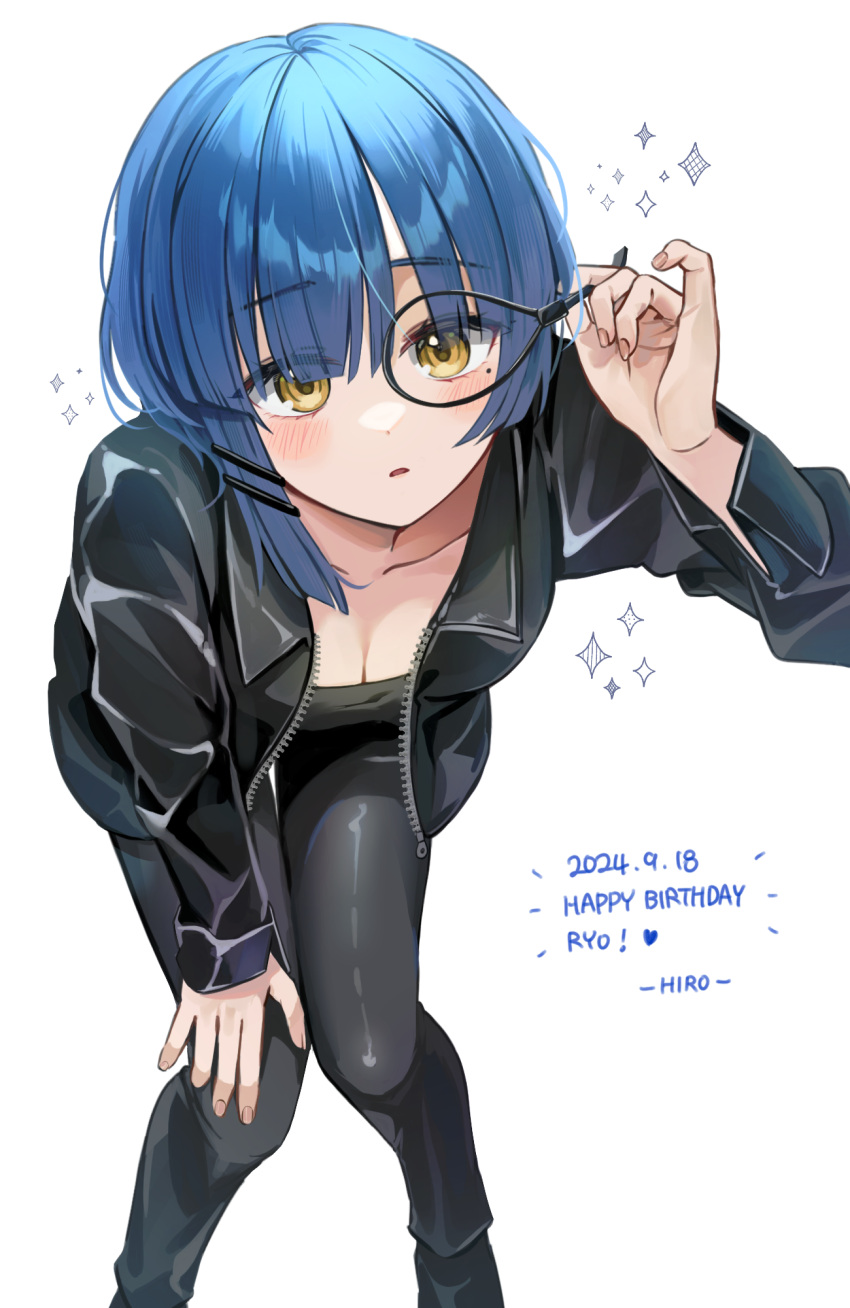 artist_name asymmetrical_hair black_jacket black_pants blue_hair blush bocchi_the_rock! breasts cable_tie character_name cleavage commentary_request dated female hair_ornament hairclip hand_on_own_knee happy_birthday highres jacket looking_at_viewer mole mole_under_eye open_clothes open_jacket open_mouth pants rounizm short_hair simple_background solo sparkle white_background yamada_ryo zipper