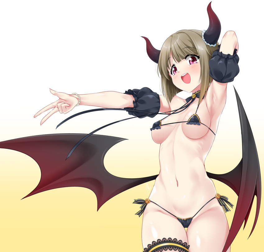 arm_behind_head armpits bikini black_bikini blush breasts bridal_garter brown_hair bunji demon_girl demon_horns demon_wings female highres horns looking_at_viewer love_live! love_live!_nijigasaki_high_school_idol_club medium_breasts medium_hair micro_bikini nakasu_kasumi open_mouth puffy_short_sleeves puffy_sleeves purple_eyes short_sleeves side-tie_bikini_bottom smile solo swimsuit two-tone_background v white_background wings yellow_background