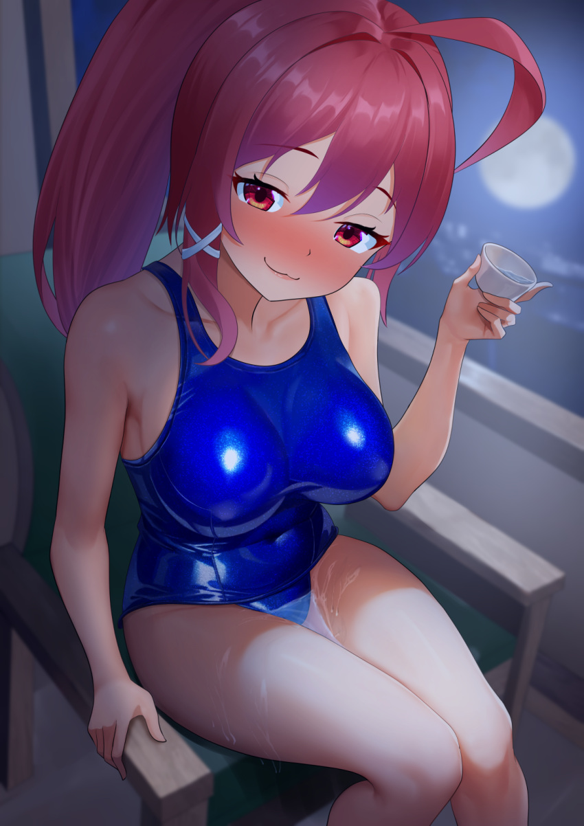 ahoge blue_one-piece_swimsuit blush breasts chair choko_(cup) cleavage cup dorachan_r female hair_ribbon highres holding holding_cup i-168_(kancolle) kantai_collection large_breasts long_hair looking_at_viewer moon night nose_blush off_shoulder one-piece_swimsuit ponytail red_eyes red_hair ribbon school_swimsuit sitting solo swimsuit wakamezake window