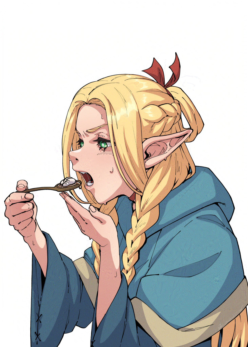 artist_name blonde_hair blue_capelet blue_robe braid braided_sidelock bright_pupils capelet choker chuckuddin commentary dungeon_meshi eating elf eyelashes female food furrowed_brow green_eyes hair_ribbon hair_rings highres holding holding_spoon hood hood_down hooded_capelet lips long_hair long_sleeves looking_at_object marcille_donato multiple_braids nervous_sweating nose open_mouth pointy_ears red_choker red_ribbon ribbon robe saliva side_braid signature simple_background solo spoon sweat teeth thick_eyelashes tongue twin_braids upper_body white_background white_pupils