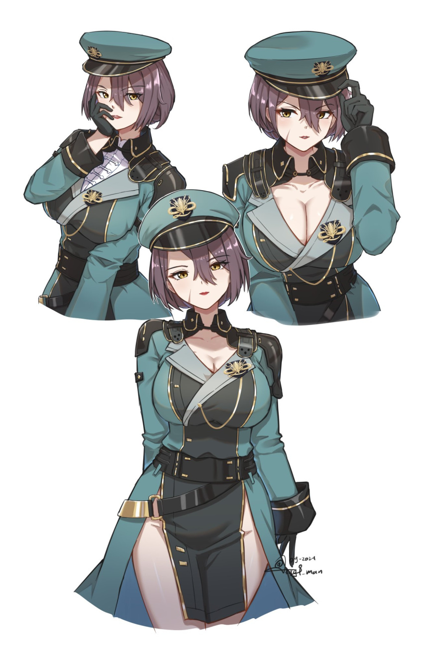 as4gi black_collar black_gloves breasts brown_hair cleavage collar collarbone dated dress female gloves green_dress green_hat hair_between_eyes hand_on_own_face hat highres juyao_(wuthering_waves) large_breasts long_sleeves looking_at_viewer military_uniform multiple_views scar scar_on_face shirt short_hair simple_background white_background white_shirt wuthering_waves yellow_eyes