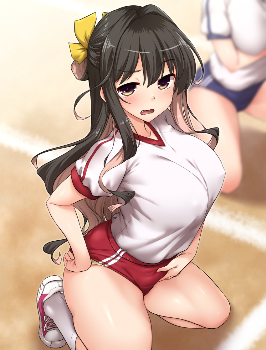 2girls black_hair blue_buruma blurry blurry_background blush breasts brown_eyes brown_hair buruma colored_inner_hair covered_nipples double_vertical_stripe gym_shirt gym_uniform hair_between_eyes hair_ribbon highres kantai_collection kneeling large_breasts long_hair looking_at_viewer multicolored_hair multiple_girls naganami_(kancolle) oerba_yun_fang open_mouth panties panties_under_buruma red_buruma ribbon shirt short_sleeves sidelocks socks solo_focus squatting thighs track_and_field two-tone_hair underwear wavy_mouth white_panties white_shirt white_socks yoshi_tama