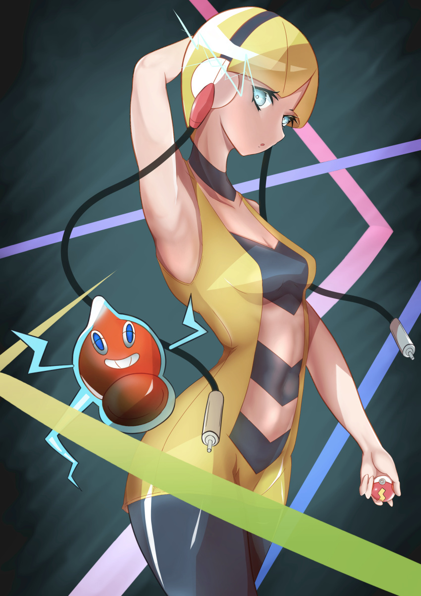 absurdres arm_at_side arm_behind_head bare_arms black_choker black_pantyhose blonde_hair blue_eyes blunt_bangs breasts choker cleavage collarbone commentary_request dress elesa_(pokemon) fast_ball female headphones highres holding holding_poke_ball kana_(wucz8478) low_neckline medium_breasts midriff pantyhose poke_ball pokemon pokemon_(creature) pokemon_bw rotom rotom_(normal) short_dress short_hair sleeveless sleeveless_dress yellow_dress