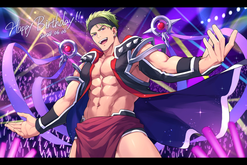 1boy 70_tabmk abs bara commentary_request dated ear_piercing earrings floating floating_object glowstick green_hair happy_birthday headband highres jewelry king_of_prism large_pectorals male_focus muscular muscular_male navel open_mouth pectorals penlight_(glowstick) piercing pretty_rhythm pretty_series purple_eyes short_hair sweat yamato_alexander