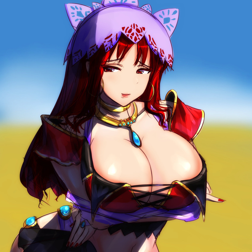 blue_gemstone blue_sky breasts cleavage colored_eyelashes commentary_request cross-laced_clothes crossed_arms dahna_(grandia) dancer earrings eyelashes female gem grandia grandia_iii hagureyouma half-closed_eyes hand_fan highres holding holding_fan hoop_earrings huge_breasts jewelry large_breasts lips long_hair looking_to_the_side nail_polish navel necklace open_mouth outdoors red_eyes red_hair red_nails sidelocks simple_background sky smile solo upper_body