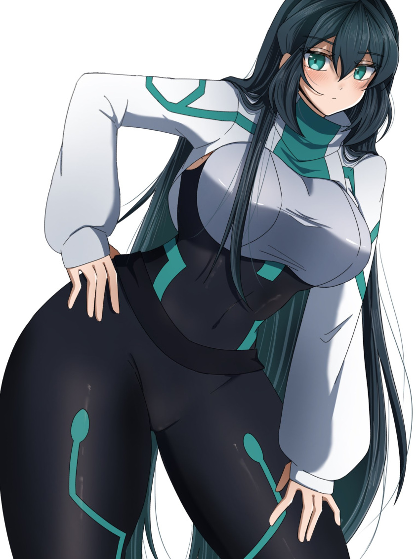 ass black_bodysuit black_hair blush bodysuit breasts covered_navel female green_eyes gundam gundam_build_divers gundam_build_divers_re:rise hair_between_eyes highres juice_(jule_tyaojule) large_breasts long_hair long_sleeves looking_at_viewer may_(gundam_build_divers_re:rise) shrug_(clothing) solo very_long_hair white_background