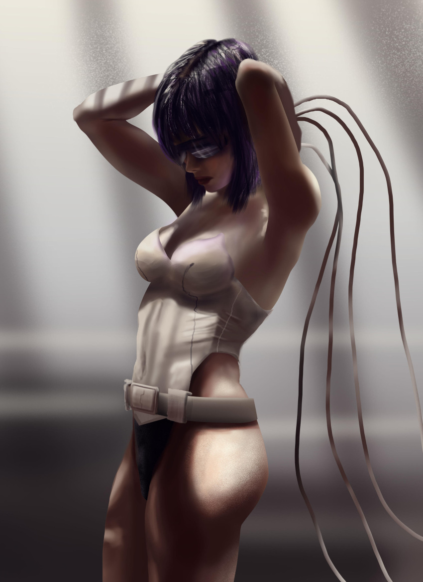 absurdres belt black_hair cable cropped_legs female ghost_in_the_shell hand_on_own_head highres kusanagi_motoko leotard looking_down medium_hair photorealistic raphire realistic shadow solo strapless strapless_leotard subdermal_port sunglasses sunlight white_belt white_leotard