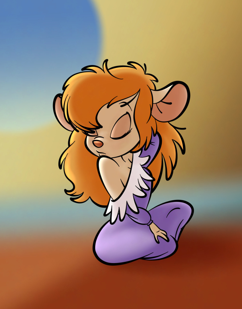 anthro ass awakening awaking big_breasts big_butt breasts chip_'n_dale_rescue_rangers cleavage closed_eyes clothed clothing disney female gadget_hackwrench hair hand_behind_head hi_res mammal messy_hair murid murine no_bra red_hair rodent sitting solo stanmort thick_thighs wide_hips