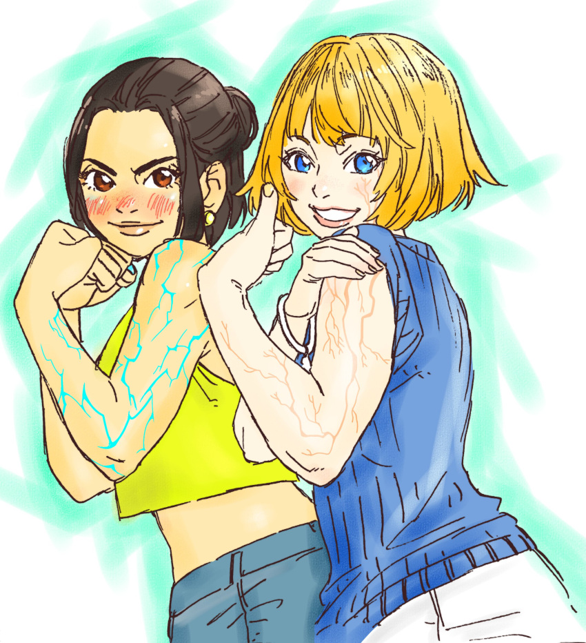 2girls animification apex_legends blonde_hair blue_eyes blue_pants blue_sweater blush bracelet brown_hair chouson clenched_hands conduit_(apex_legends) cropped_shirt denim flexing hair_behind_ear highres jeans jewelry looking_at_viewer multiple_girls pants parted_lips pink_lips ribbed_sweater scar scar_on_arm scar_on_cheek scar_on_face shirt short_hair sleeveless sleeveless_shirt smile sweater thumbs_up trait_connection wattson_(apex_legends) white_pants yellow_shirt