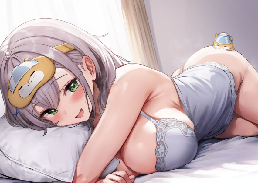 ahoge ass bed_sheet blush bowl bowl_hat breasts commentary_request curtains dan'in-san_(shirogane_noel) female green_eyes grey_hair hair_between_eyes hair_ornament hamster hat highres hololive indoors large_breasts long_hair looking_at_viewer lying mascot mochitsuki_karen morning nightgown on_side open_mouth pillow rice_bowl shirogane_noel sleep_mask sleepwear smile solo sunlight tongue virtual_youtuber waking_up white_nightgown window x_hair_ornament