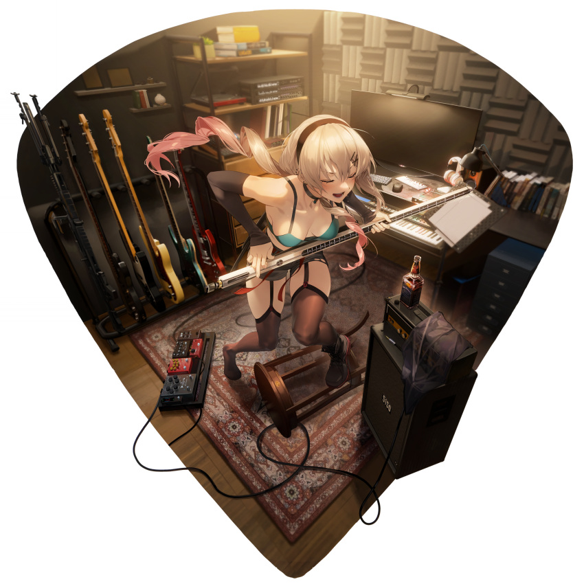 artist_request black_choker black_garter_straps black_hairband black_thighhighs bra breasts choker closed_eyes collarbone computer_keyboard computer_mouse female full_body game_cg garter_straps girls'_frontline green_bra grey_hair guitar hairband headphones highres holding indoors instrument keyboard_(instrument) long_hair lwmmg_(girls'_frontline) monitor official_alternate_costume speaker standing thighhighs thighs third-party_source underwear