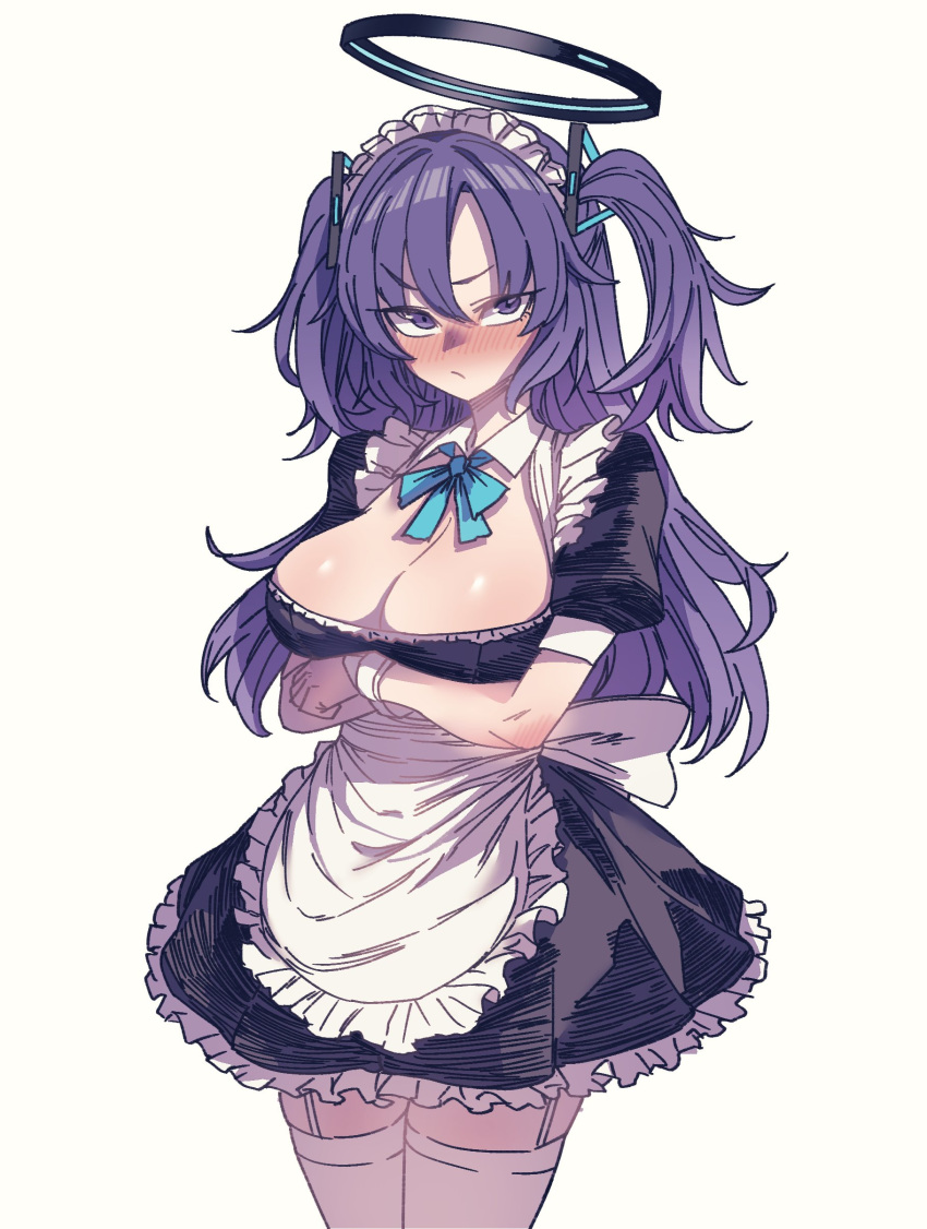 absurdres anygatsby apron black_dress blue_archive blue_bow blue_bowtie blush bow bowtie breasts cleavage crossed_arms detached_collar dress female frilled_dress frills halo highres large_breasts long_hair looking_at_viewer maid maid_apron maid_headdress mechanical_halo purple_eyes purple_hair short_sleeves solo thighhighs two_side_up white_background white_thighhighs yuuka_(blue_archive)