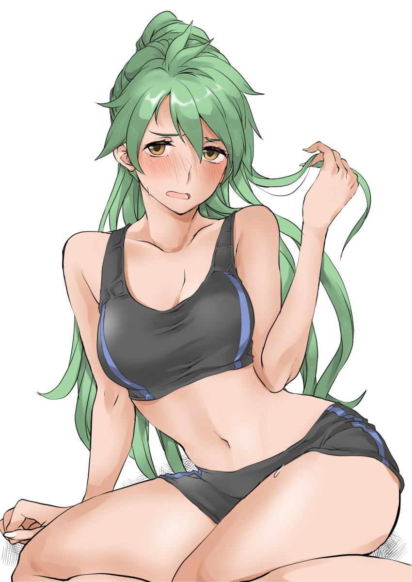 alternate_costume bikini bikini_top_only black_bikini black_shorts blush breasts cleavage commentary dark-skinned_female dark_skin eiyuu_densetsu elf_(stroll_in_the_woods) embarrassed feet_out_of_frame female furrowed_brow green_hair hair_between_eyes highres holding holding_own_hair leonora_(eiyuu_densetsu) long_hair looking_at_viewer medium_breasts navel open_mouth ponytail sen_no_kiseki_(series) sen_no_kiseki_iii short_shorts shorts simple_background sitting solo stomach sweatdrop swimsuit tan textless_version white_background yellow_eyes yokozuwari