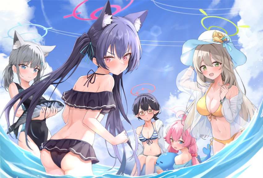 5girls absurdres ahoge animal animal_ear_fluff animal_ears ayane_(blue_archive) ayane_(swimsuit)_(blue_archive) bikini bikini_skirt black_bikini black_hair black_one-piece_swimsuit blue_archive blue_eyes blue_halo blush breasts cat_ears cat_girl cleavage closed_mouth cloud commentary_request competition_swimsuit cross cross_hair_ornament day extra_ears fish flower foreclosure_task_force_(blue_archive) frilled_bikini frills front-tie_bikini_top front-tie_top green_eyes green_halo grey_hair hair_bobbles hair_ornament hair_ribbon halo halterneck hat hat_flower heterochromia highres holding holding_animal holding_fish hoshino_(blue_archive) hoshino_(swimsuit)_(blue_archive) inflatable_toy inflatable_whale innertube inverted_cross jacket kuroliu_9021 large_breasts light_brown_hair long_hair looking_at_viewer medium_breasts multiple_girls navel nonomi_(blue_archive) nonomi_(swimsuit)_(blue_archive) off-shoulder_bikini off_shoulder official_alternate_costume one-piece_swimsuit open_clothes open_jacket open_mouth outdoors partially_submerged pink_eyes pink_hair pink_halo pointy_ears red-framed_eyewear red_halo ribbon see-through see-through_jacket serika_(blue_archive) serika_(swimsuit)_(blue_archive) shiroko_(blue_archive) shiroko_(swimsuit)_(blue_archive) short_hair side-tie_bikini_bottom sitting small_breasts stomach striped_bikini striped_clothes sun_hat swim_ring swimsuit twintails wading water white_hat wolf_ears wolf_girl yellow_bikini yellow_eyes