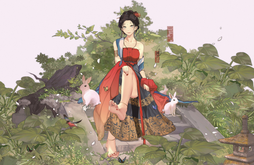 absurdres anata_no_utahime_(lzr13708949567) armband barefoot bird bird_request black_hair black_skirt blue_eyes blue_shawl bug butterfly cheek_piercing chinese_clothes chinese_hairpin collarbone feet female foot_focus full_body hanfu highres jewelry leaf looking_at_viewer mamianqun nature necklace original piercing pleated_skirt rabbit shawl sitting skirt soles toe_ring toes white_rabbit_(animal) wrap_skirt