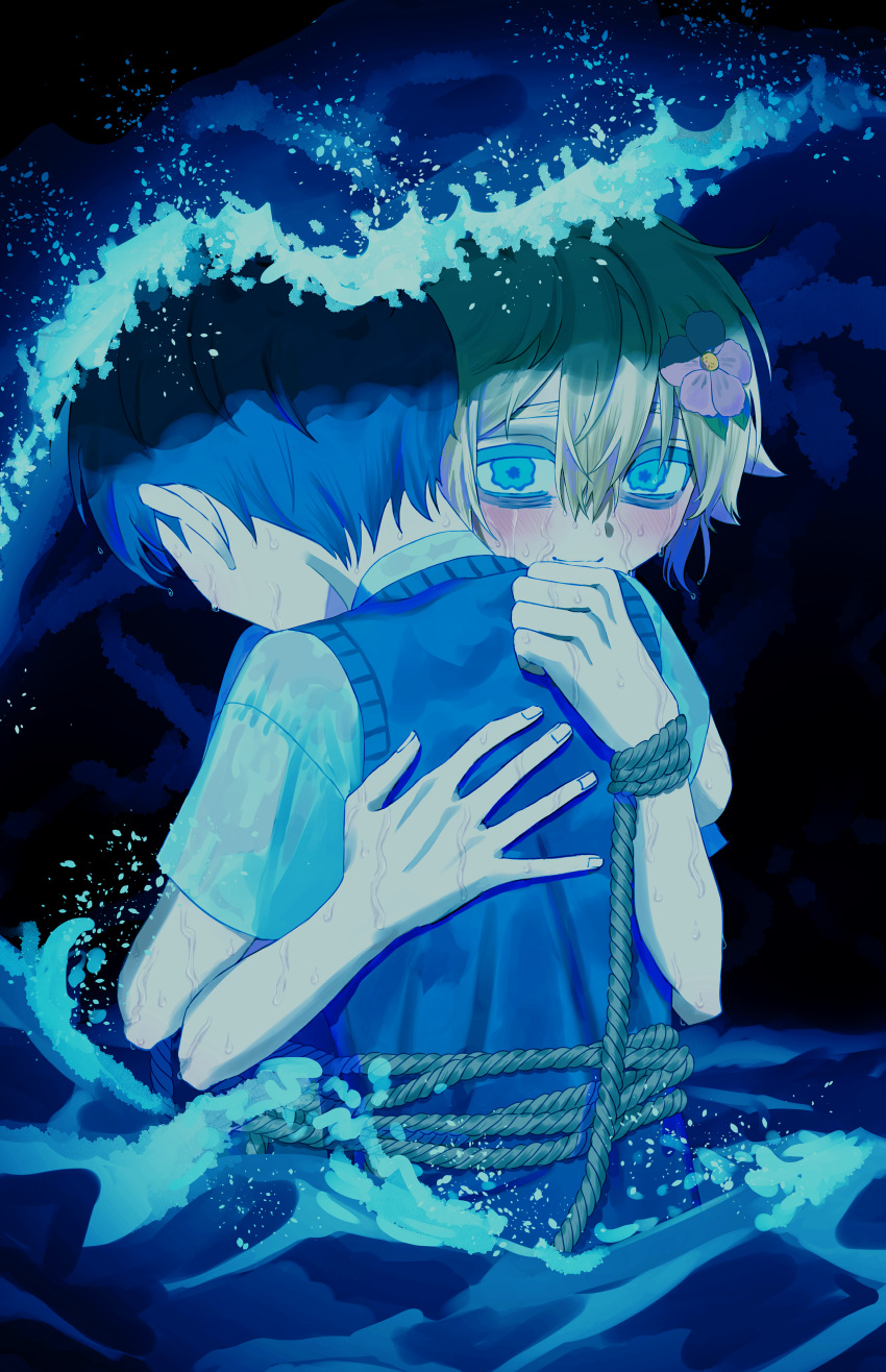 2boys absurdres aqua_eyes bags_under_eyes basil_(faraway)_(omori) basil_(omori) blonde_hair blue_hair blue_sweater_vest blue_theme closed_mouth colored_eyelashes fingernails flower from_behind hair_between_eyes hair_flower hair_ornament hands_on_another's_back highres hug lifejam_403 male_focus multiple_boys omori partially_submerged pink_flower rope shirt short_hair short_sleeves smile sunny_(omori) sweater_vest upper_body waves wet wet_clothes wet_hair white_shirt