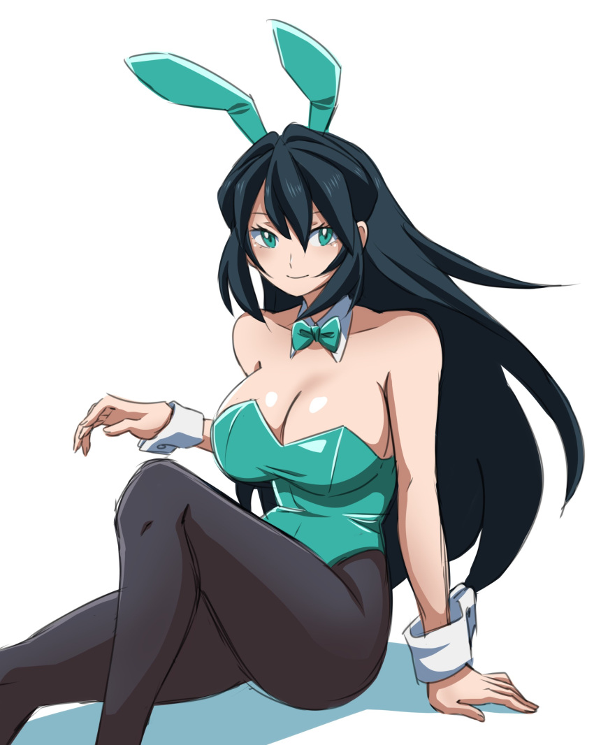 absurdres animal_ears aqua_eyes black_hair black_pantyhose blush bow bowtie breasts cleavage covered_navel detached_collar fake_animal_ears female green_eyes green_leotard gundam gundam_build_divers gundam_build_divers_re:rise hair_between_eyes highleg highleg_leotard highres large_breasts leotard long_hair looking_at_viewer may:be may_(gundam_build_divers_re:rise) pantyhose playboy_bunny rabbit_ears sitting smile solo strapless strapless_leotard traditional_bowtie very_long_hair white_background wrist_cuffs