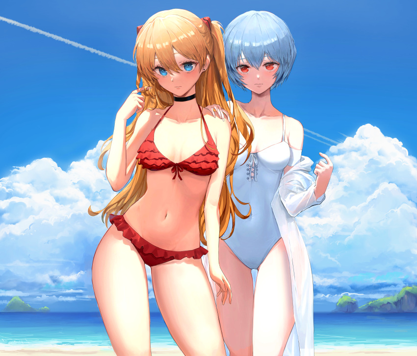 2girls asuka_langley_sohryu breasts clothing legs looking_at_viewer neon_genesis_evangelion one-piece_swimsuit pigone rei_ayanami small_breasts swimsuit